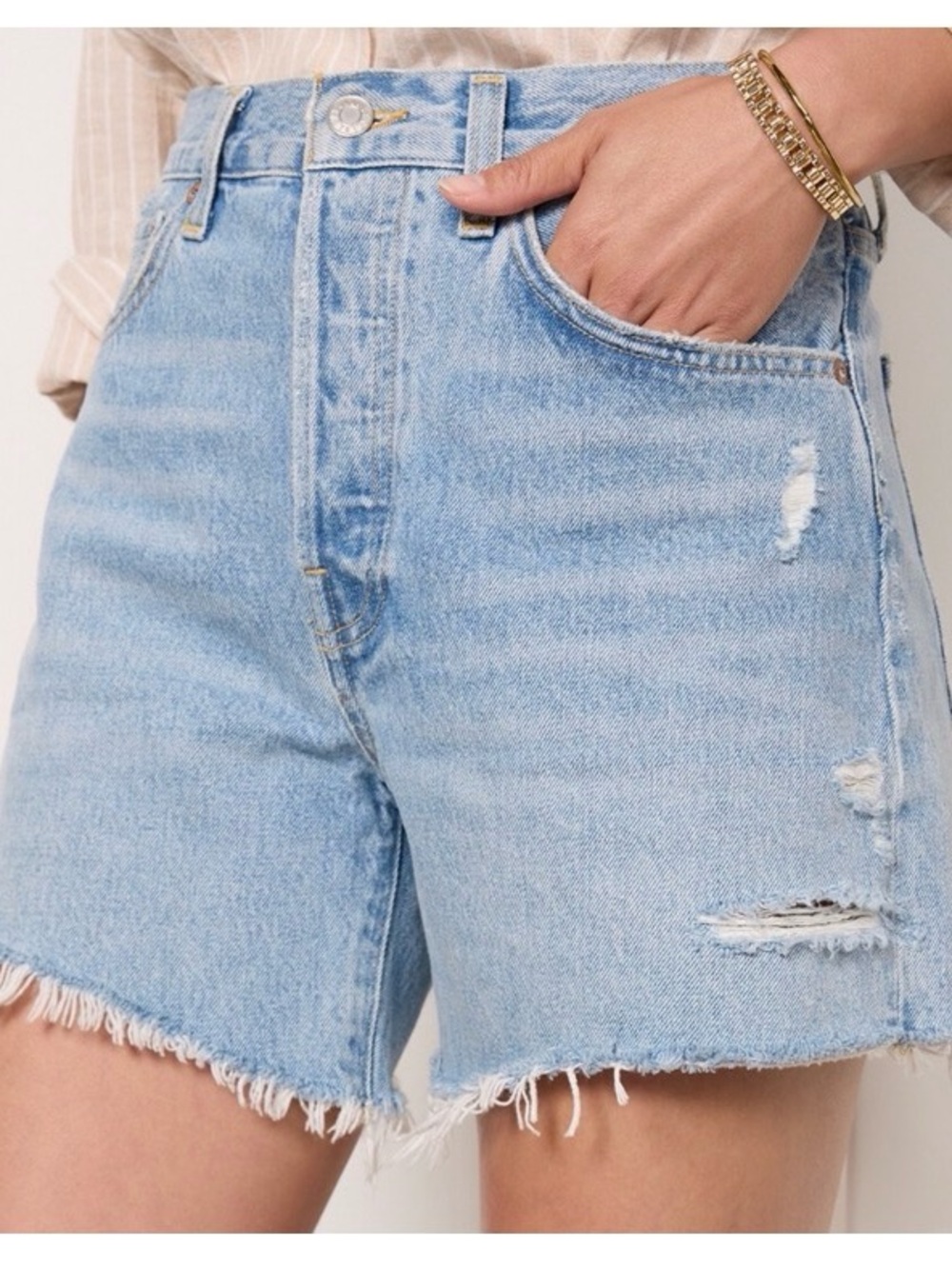 Agolde Light Blue Distressed High-Rise Jean Shorts